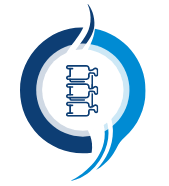 Blue and white logo with a spine in the center, and swirling shapes on either side.