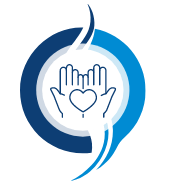 Blue logo with hands cupping a heart within a circle.