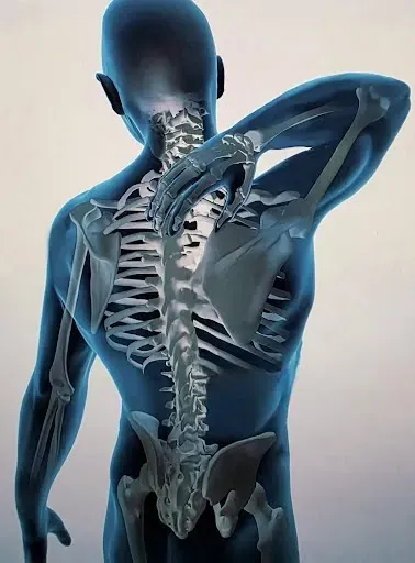 Blue-toned illustration of a human torso with overlaid skeletal structure, highlighting spine; hand touching shoulder.