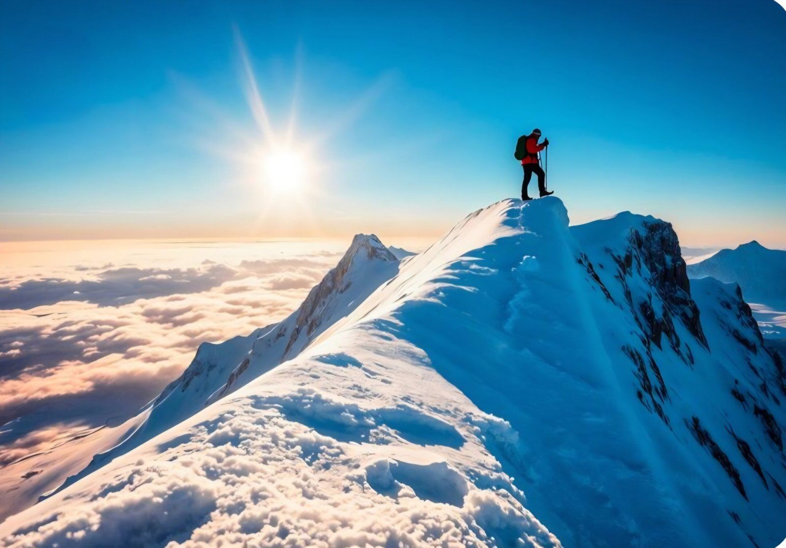 Mountaineer stands on snowy mountain peak, sun shining above clouds.