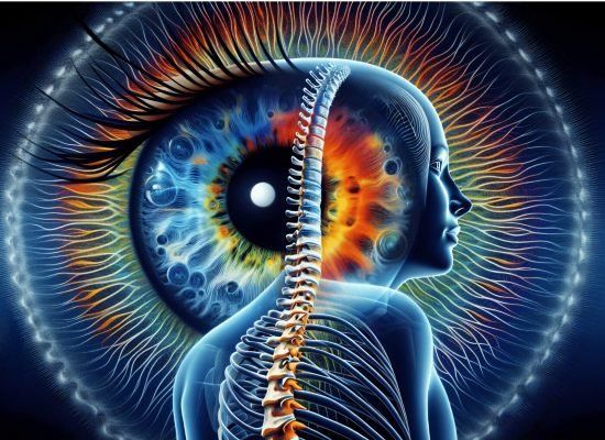 Human figure merged with eye, spine visible, colorful cosmic background.