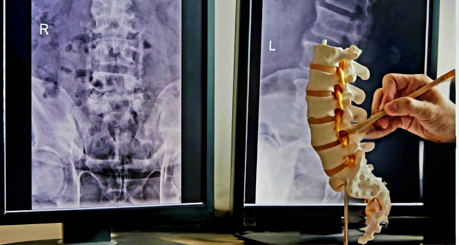 X-ray images of the spine with a model spinal column, and a hand with a pointer.