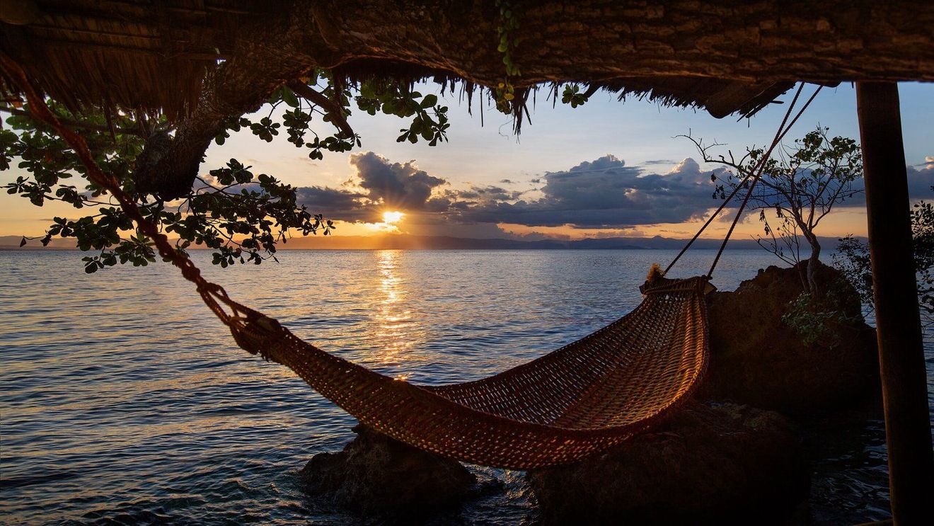 Hammock strung over ocean at sunset. Sun reflects on water.