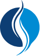 Blue and navy logo: stylized flame shape inside a blue circle.