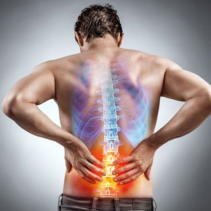 Man holding lower back, spine highlighted with pain indicators.