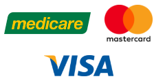 Logos for medicare, Mastercard, and Visa payment options.