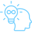 Blue outline of a lightbulb with an infinity symbol inside, above a head, suggesting innovation.