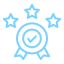 Blue badge with checkmark and three stars above, representing quality.