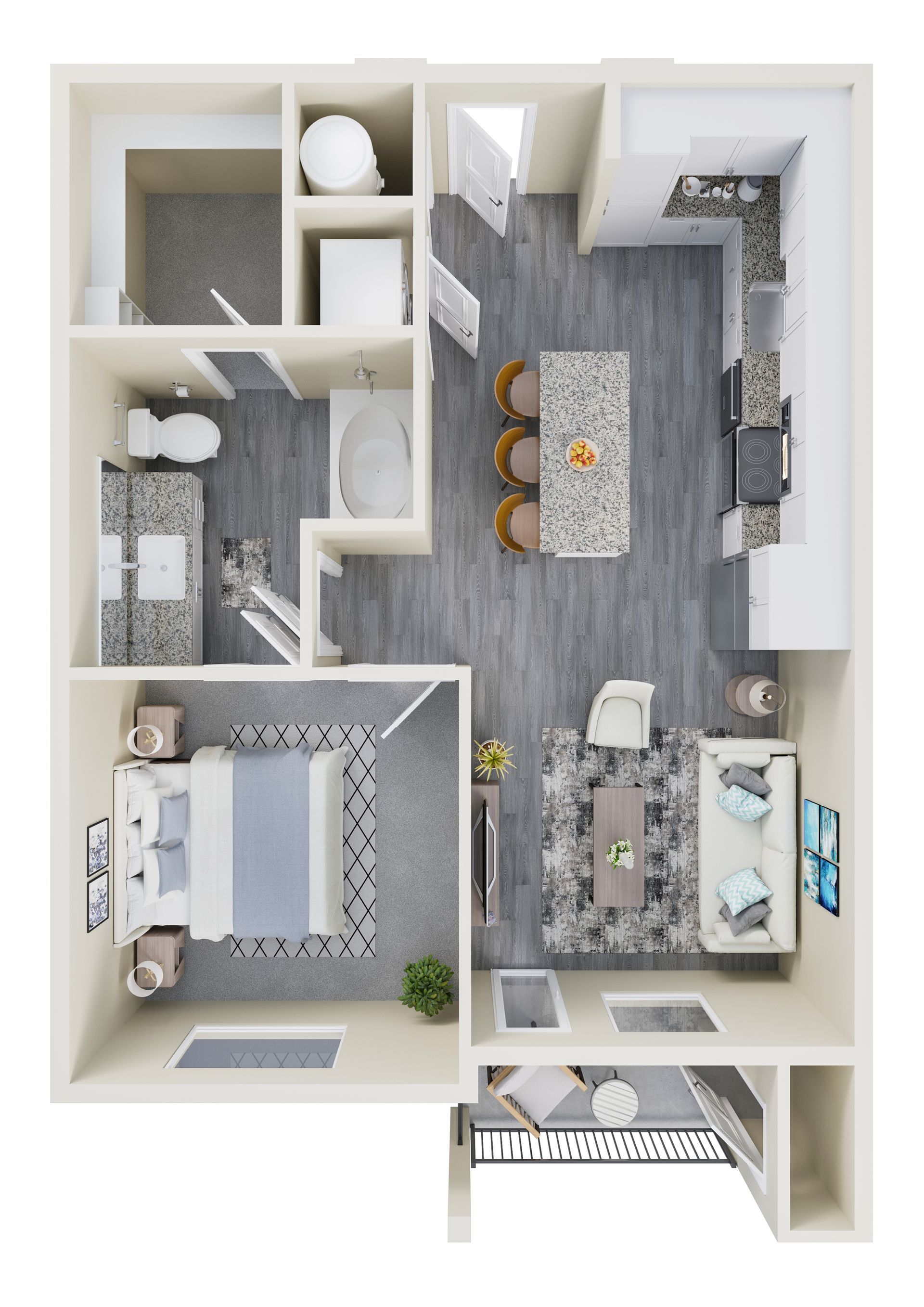 Top-down floor plan of a modern apartment with two bedrooms, a bathroom, and an open kitchen and living area.