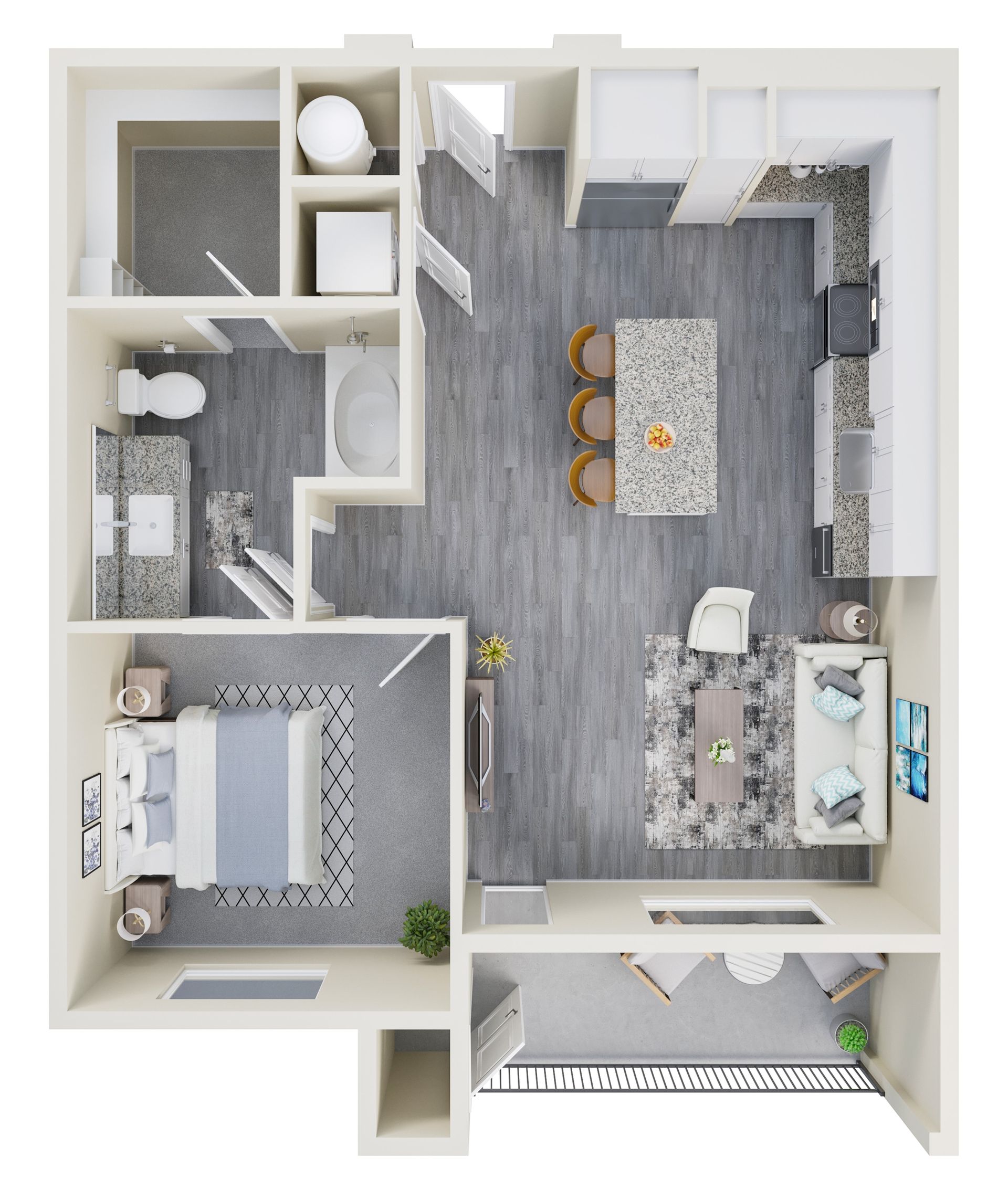Top-down floor plan of a modern apartment with living room, kitchen, bedroom, bathroom, and balcony.