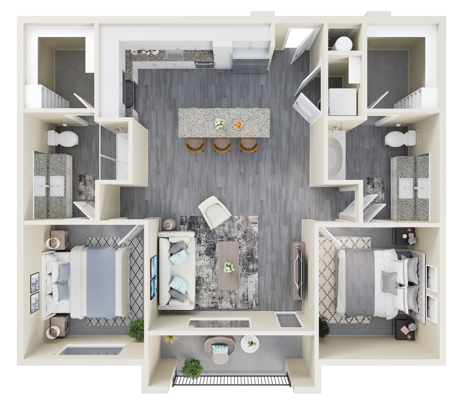 Top-down 3D floor plan of a modern apartment with central living area, kitchen, and four bedrooms.