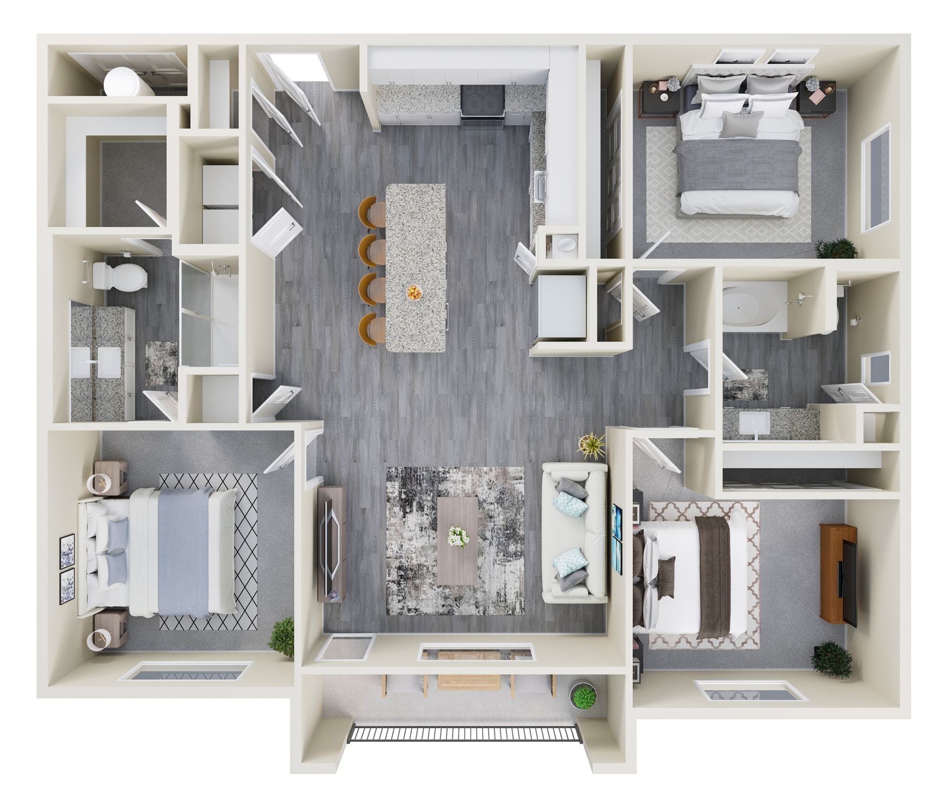 Top-down floor plan of a modern apartment with gray wood floors, central living area, and multiple bedrooms and baths.