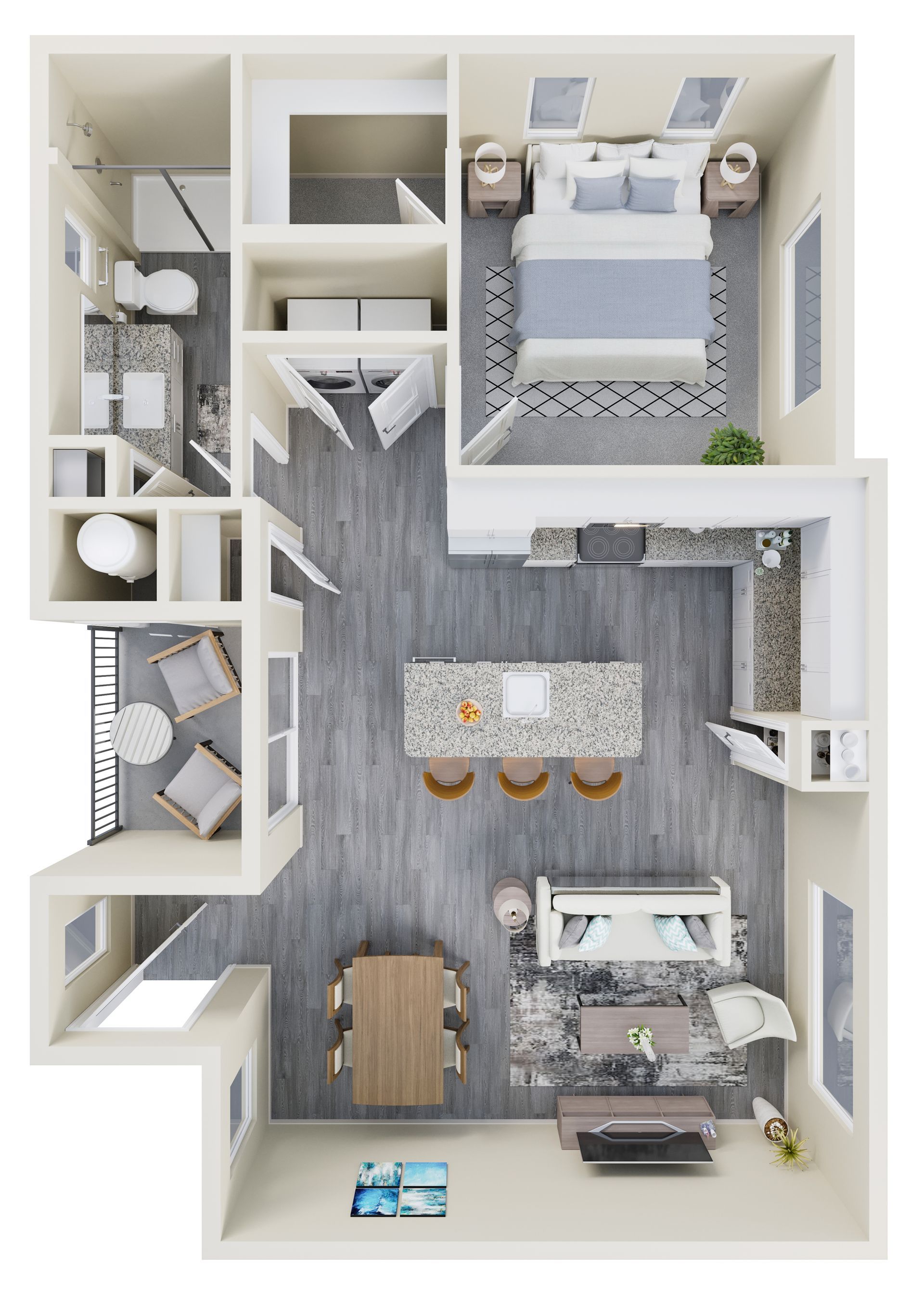 Top-down 3D floor plan of a modern apartment with bedroom, bath, kitchen, dining, and living areas.