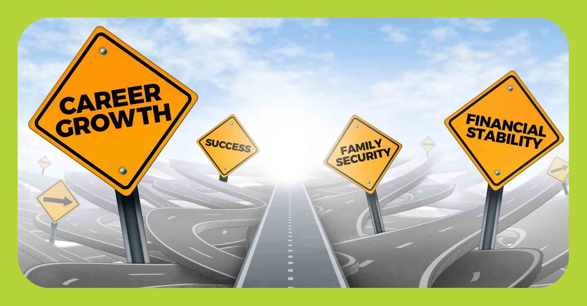 Road signs and a winding road giving different directions.