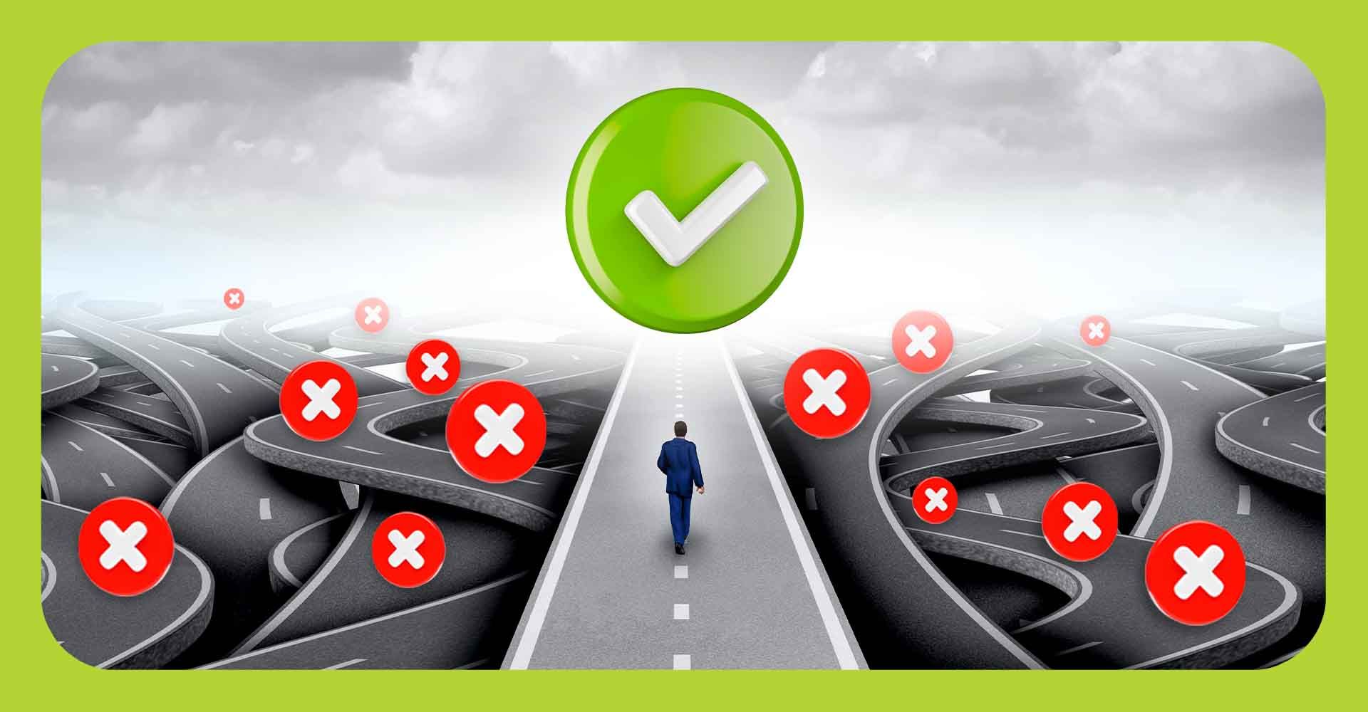 A man walking down a road with no signs snd one giant green checkmark in the distance.