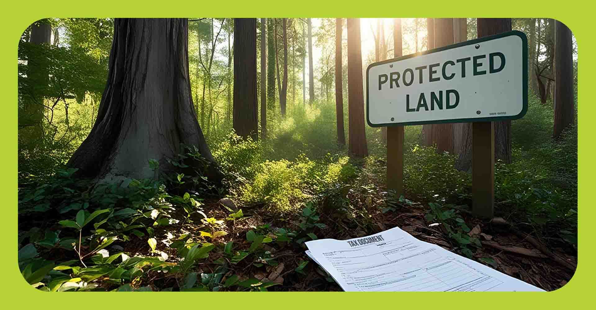 An image of a forest with a sign that reads protected land
