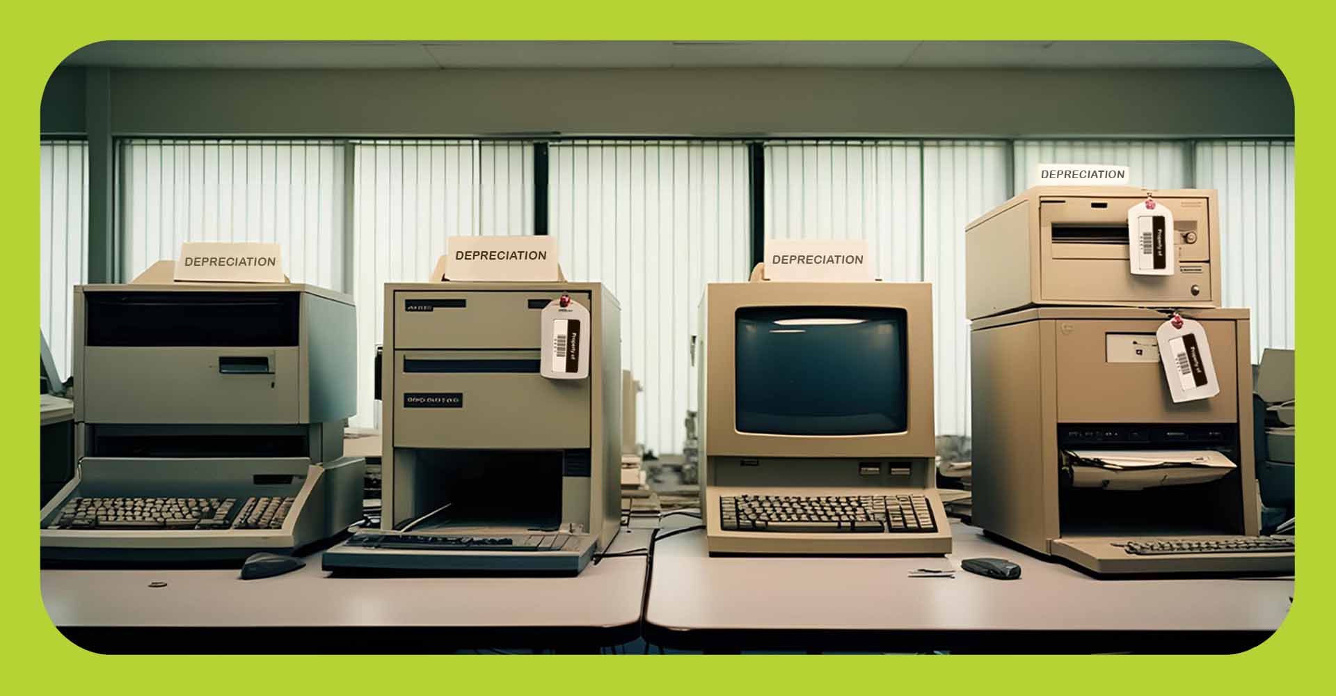 A row of computers with signs on them that read,