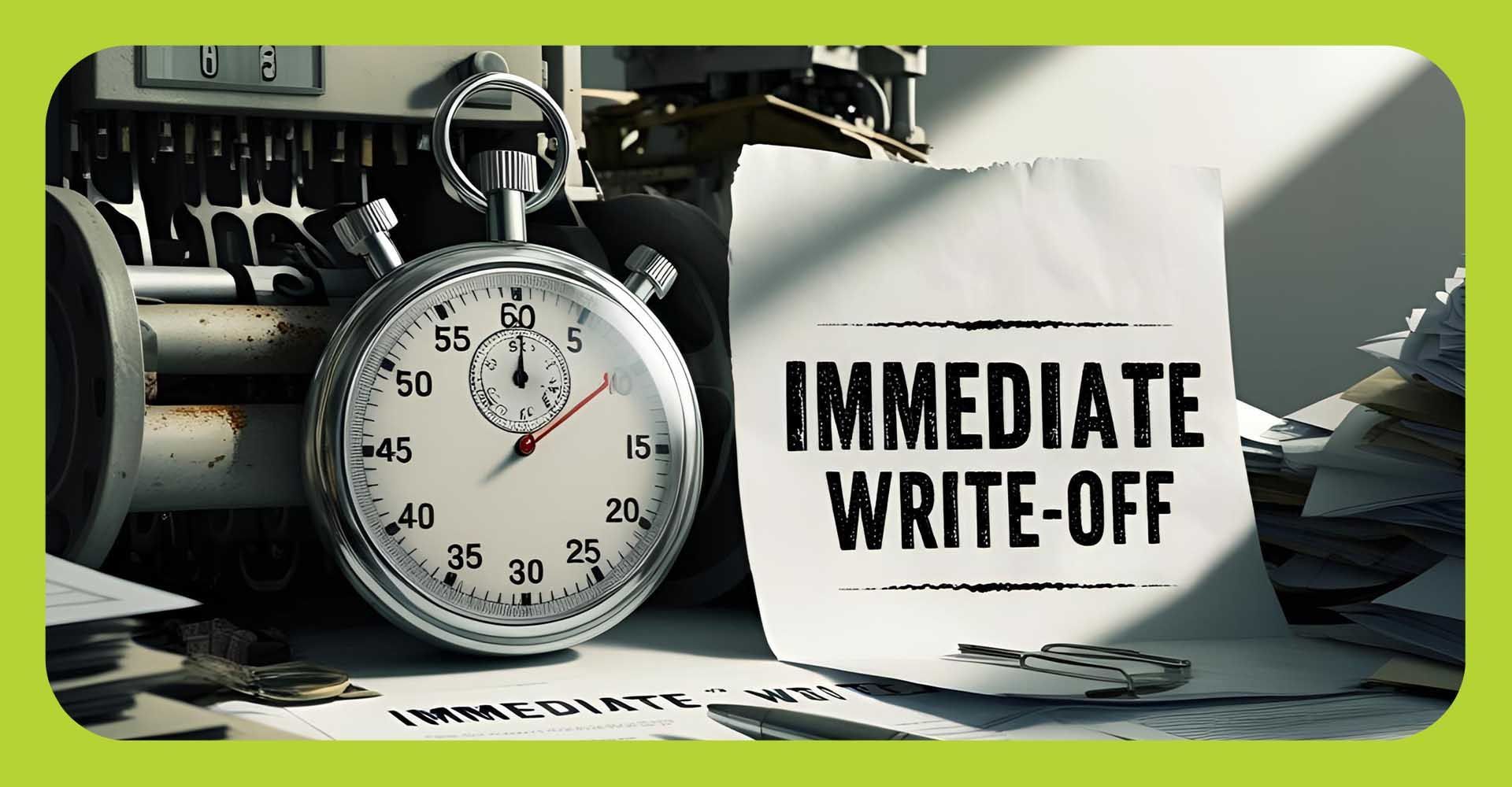 A pocket watch on a desk next to paperwork that reads, immediate write-off