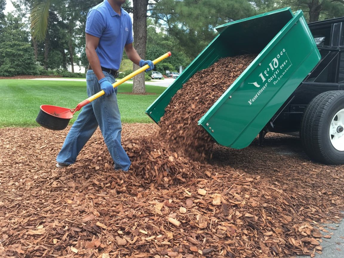 Man shovels wood chips from a green truck bed onto a brown chip-covered area, outdoors.