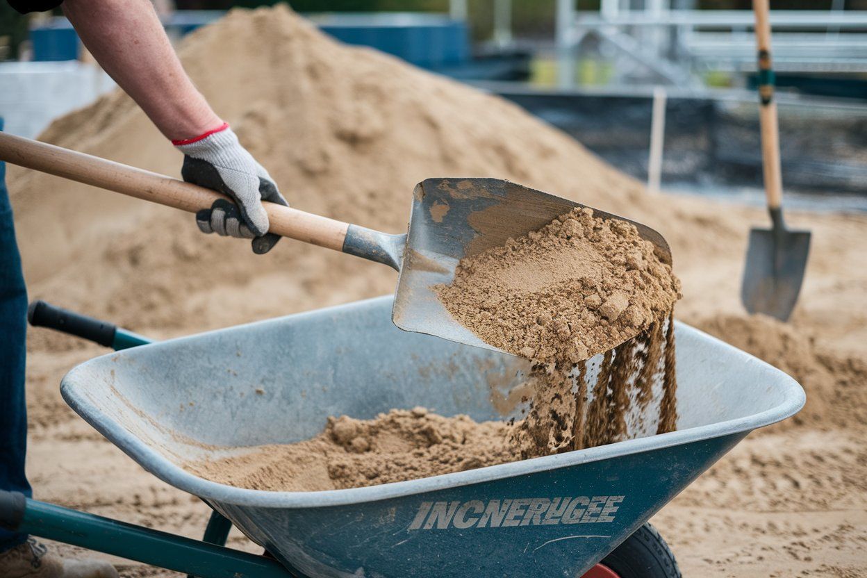 A person is shoveling sand into a wheelbarrow.