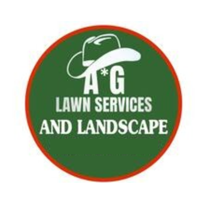 Logo for A*G Lawn Services and Landscape, green circle with red border, white cowboy hat and "A*G" in white lettering.