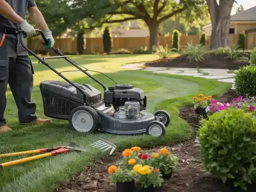 Person mowing a lawn with a push mower next to flower garden in a sunny yard.