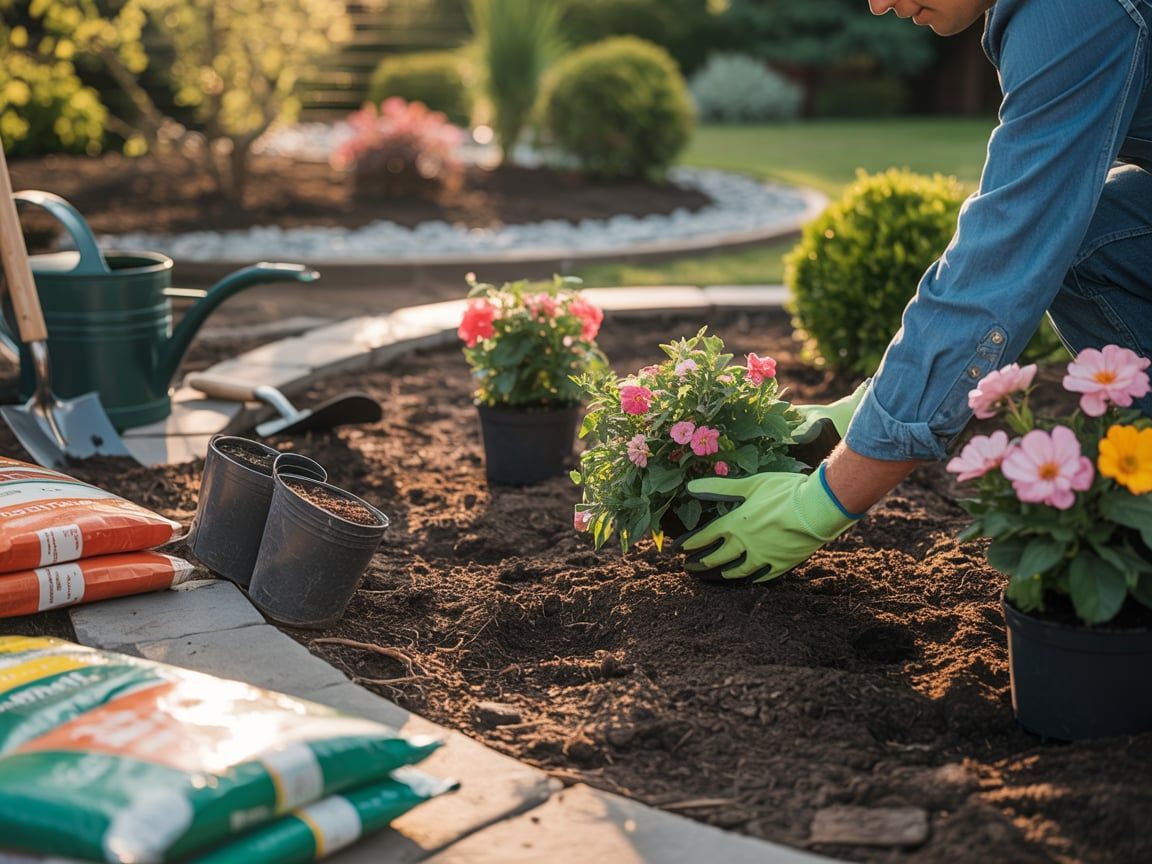 Gardener in green gloves planting flowers in a garden bed with potting soil and tools.