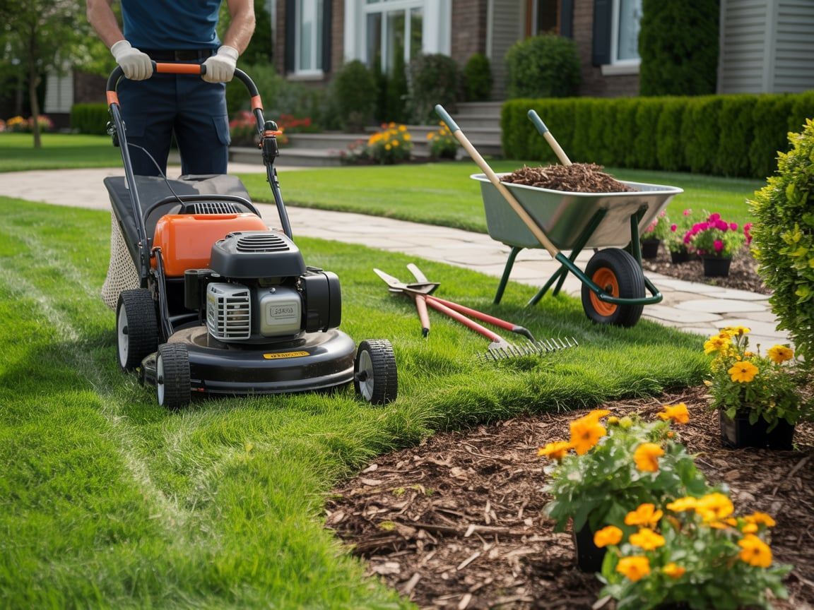 Person mowing the lawn next to a flower bed, wheelbarrow, and gardening tools.