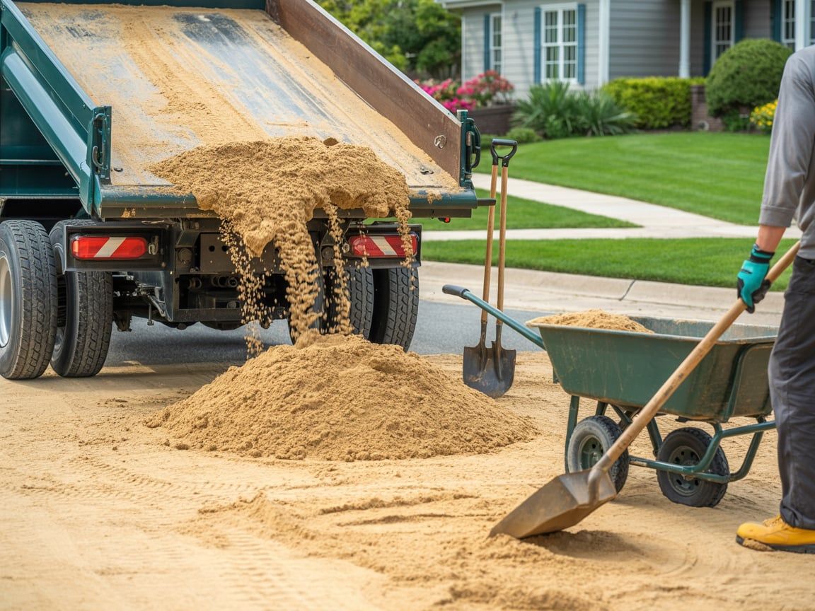 Truck dumping sand on a driveway, person shoveling sand into a wheelbarrow, shovels.