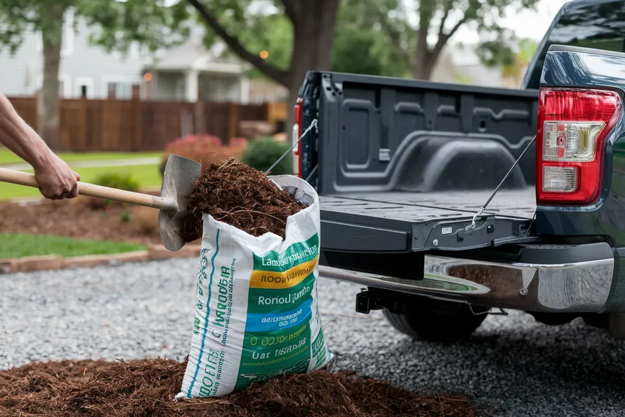 A person is shoveling mulch out of the back of a truck.