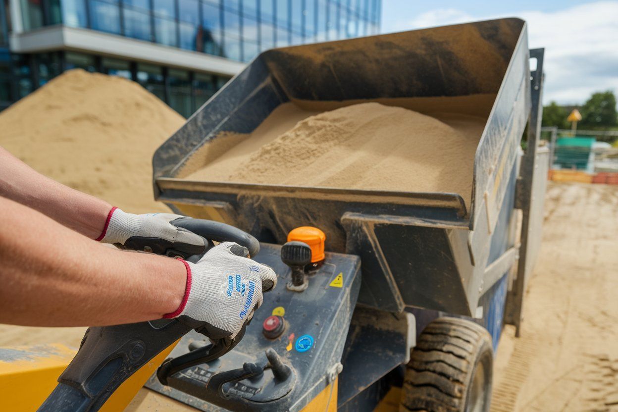 A person is driving a dump truck filled with sand.