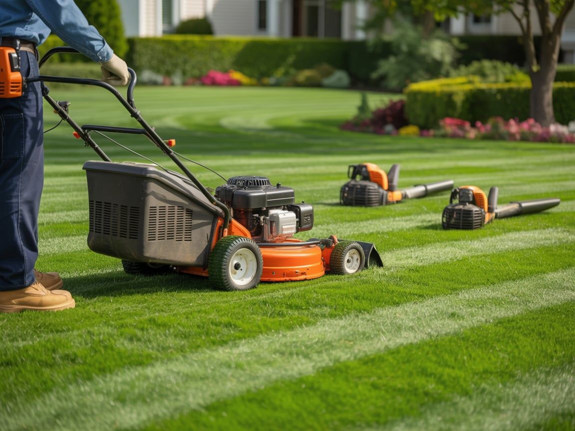 Person mowing striped lawn with an orange mower; two leaf blowers in the background.