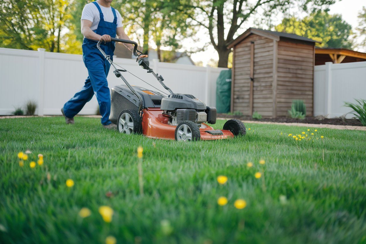 A man is mowing a lush green lawn with a lawn mower.