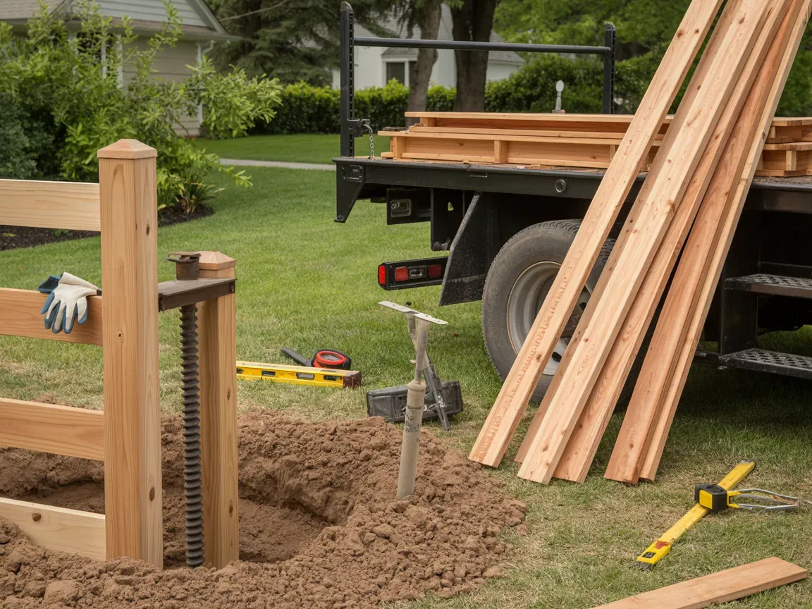 Fence construction: Wooden posts, boards, and tools on a truck bed and in a yard, soil around a post hole.