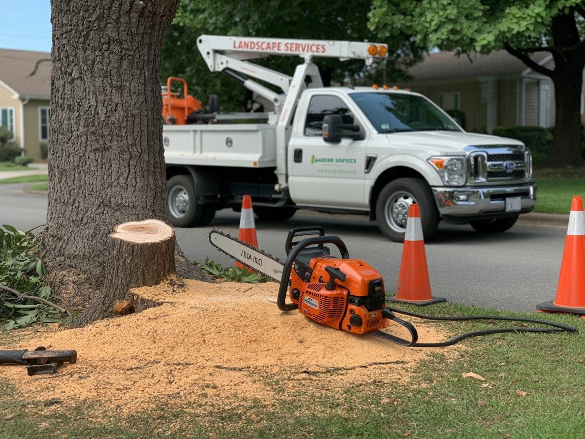 A chainsaw on the ground beside a tree trunk; a tree service truck and cones on a residential street.