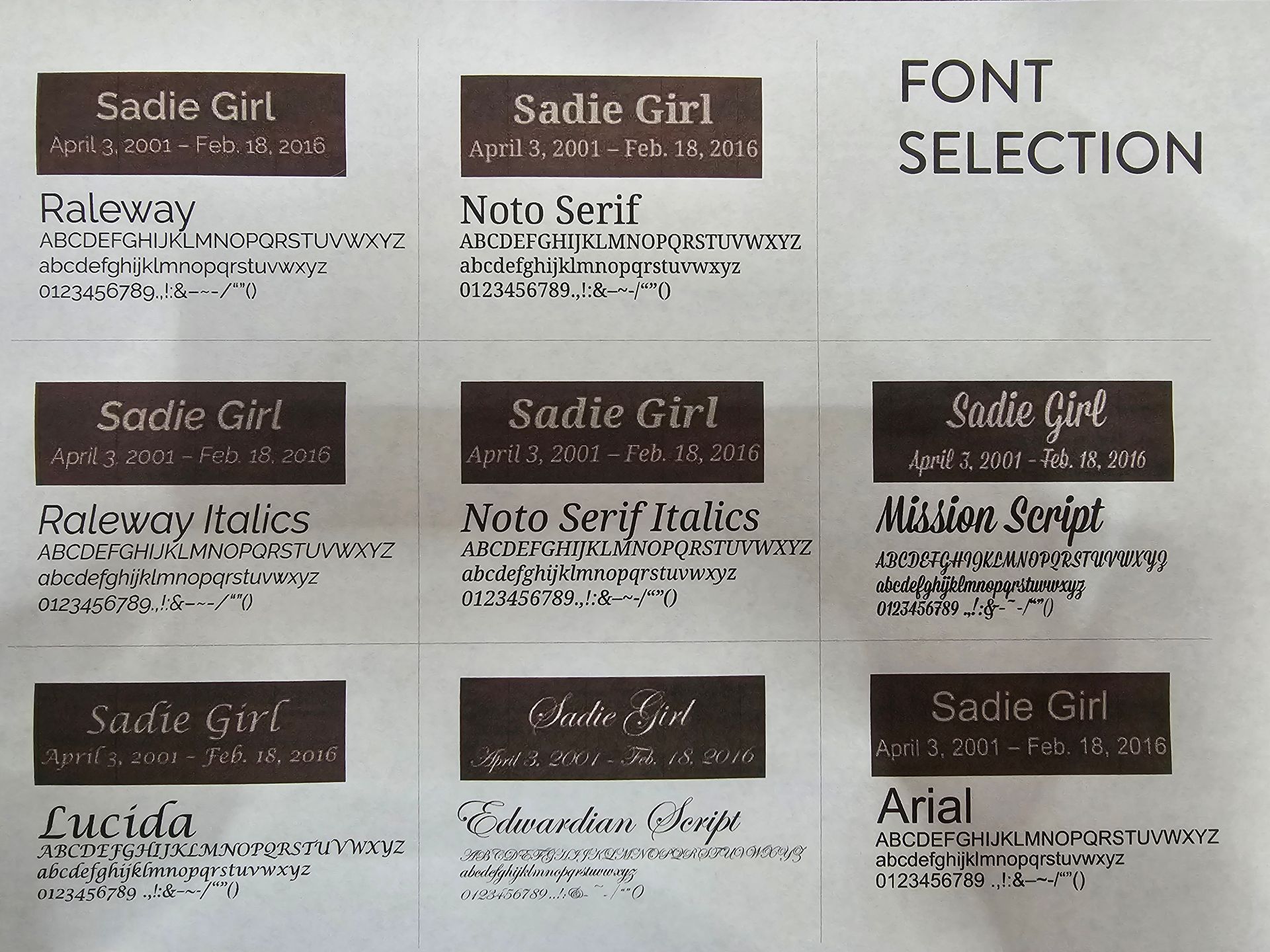 Text Selections for Engraving
Engraving $30 per line
Characters vary based on urn