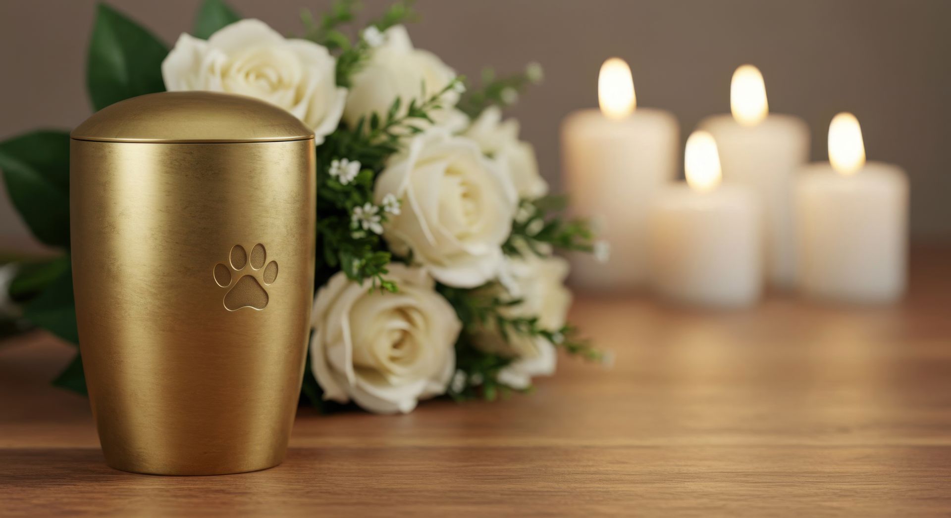A golden pet memorial urn with a paw print next to white roses and burning candles.