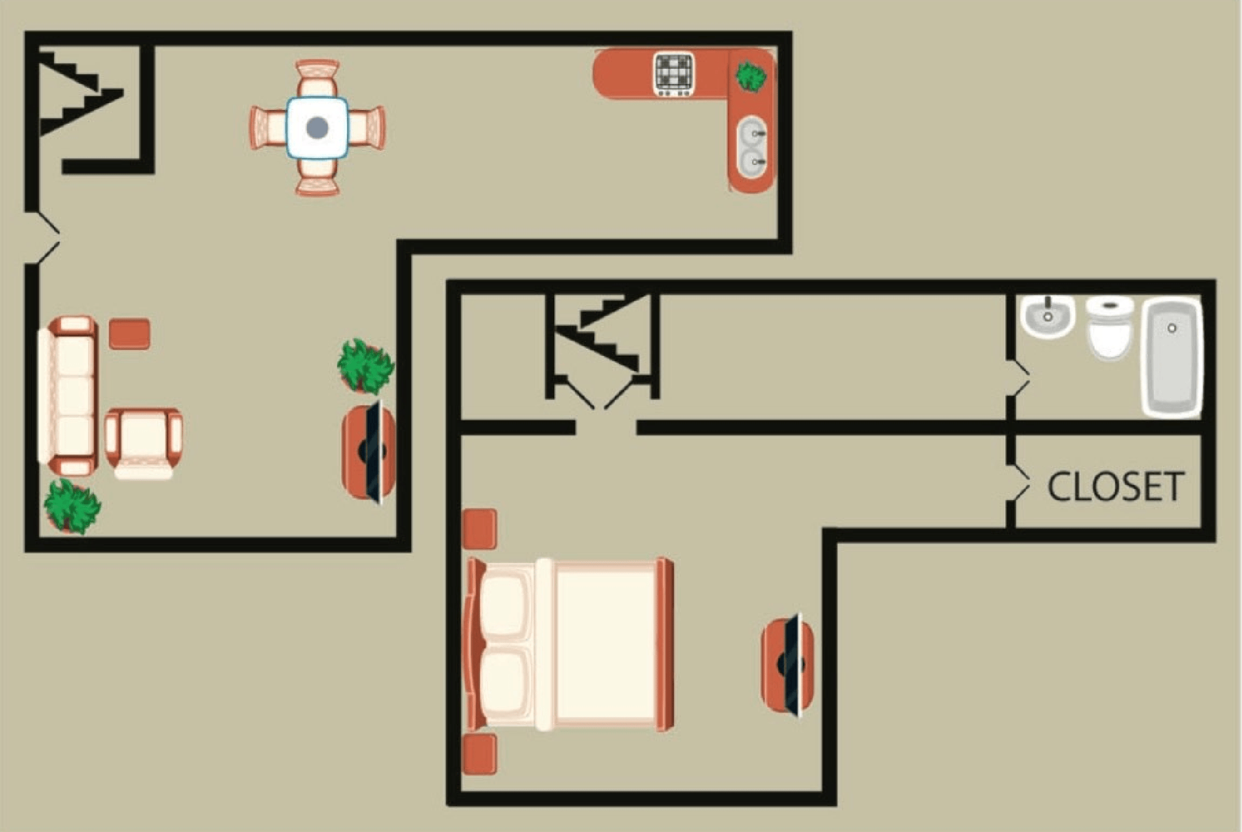 A floor plan of a house with a closet and a bedroom