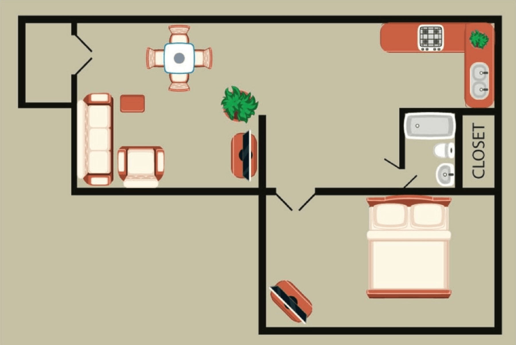 A floor plan of a small apartment with a closet