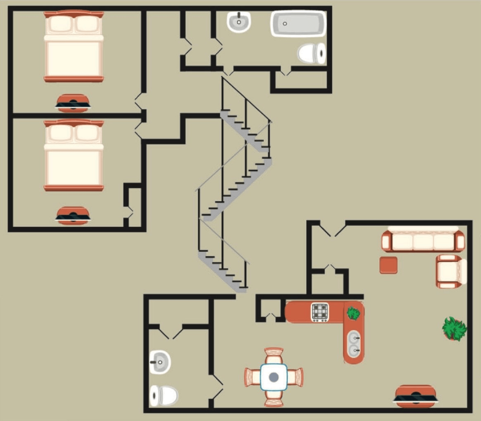 A floor plan of a house with stairs leading up to the second floor