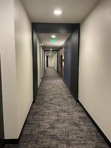 Narrow apartment hallway with white and black walls, dark carpet, and overhead lights.