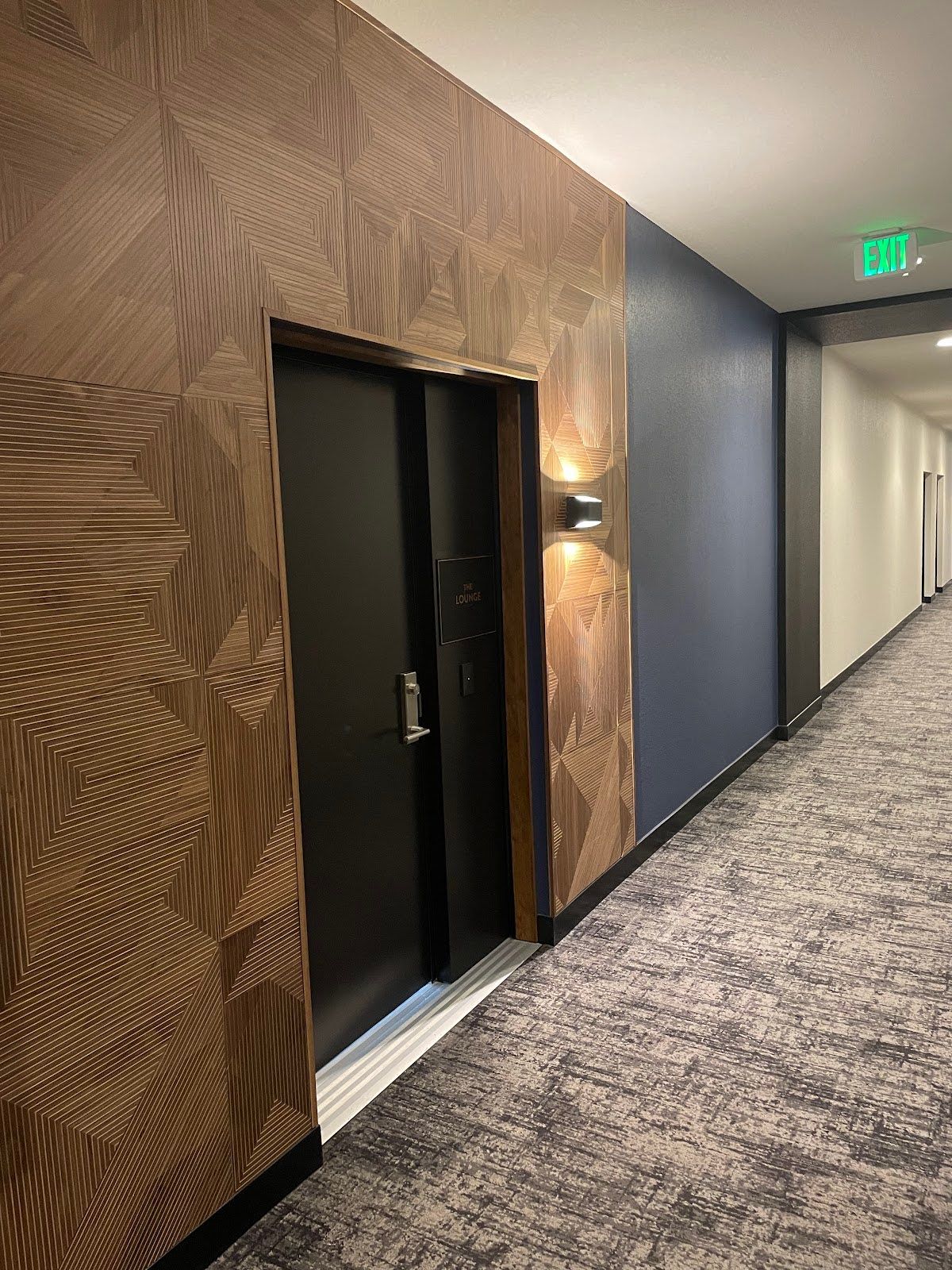 Hallway with patterned wall, dark door, and textured carpet.