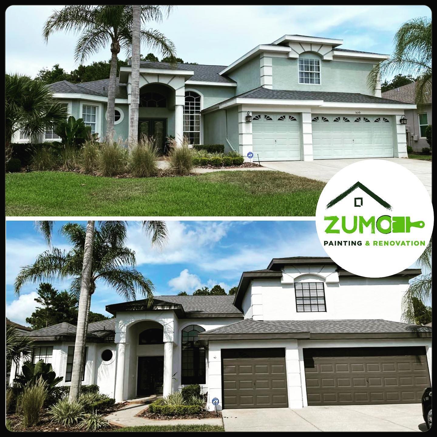 Before and after of a house painted green, then white with brown garage doors. ZUMO logo in the corner.