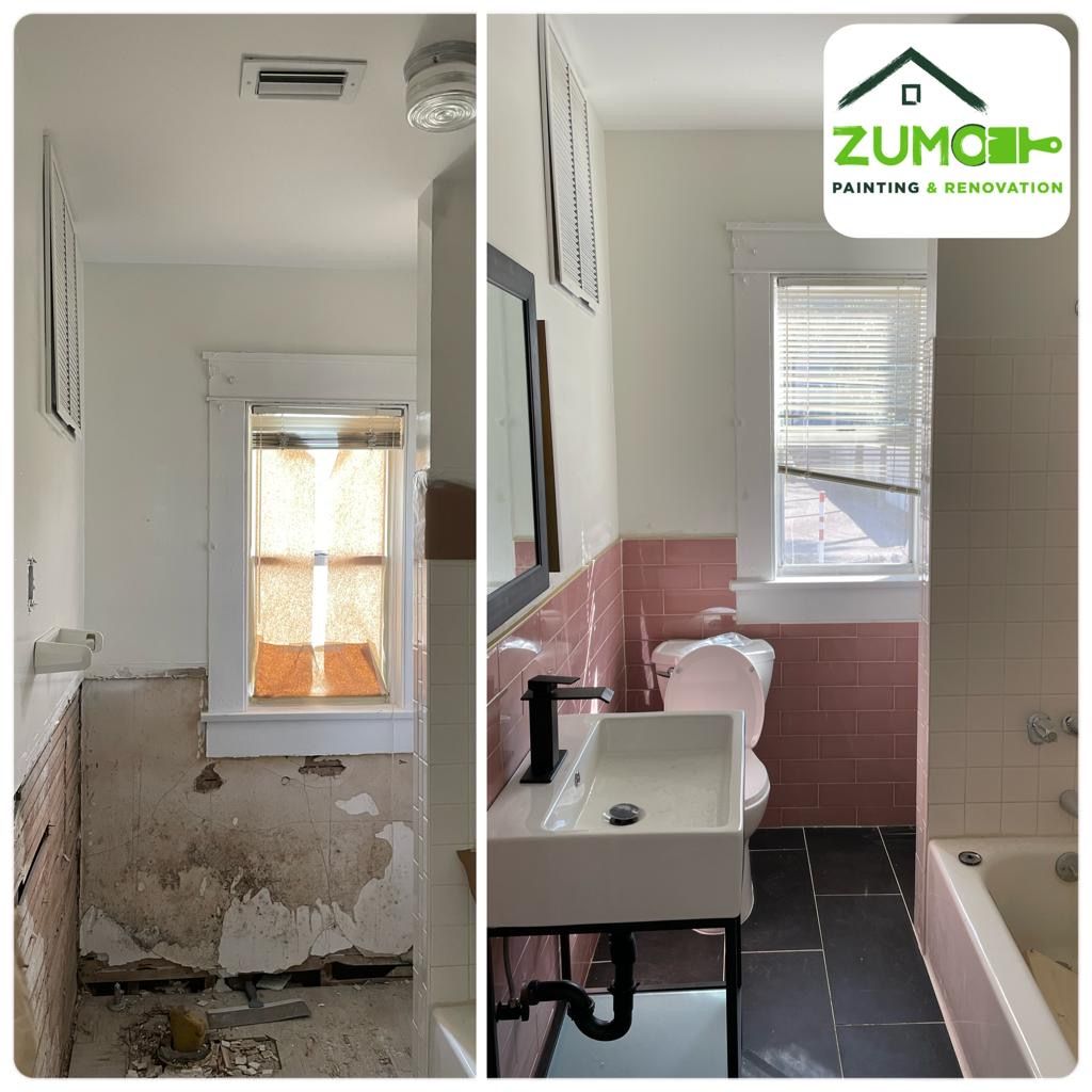 Bathroom renovation before and after. Damaged wall on left, updated with pink tile and new fixtures on right.