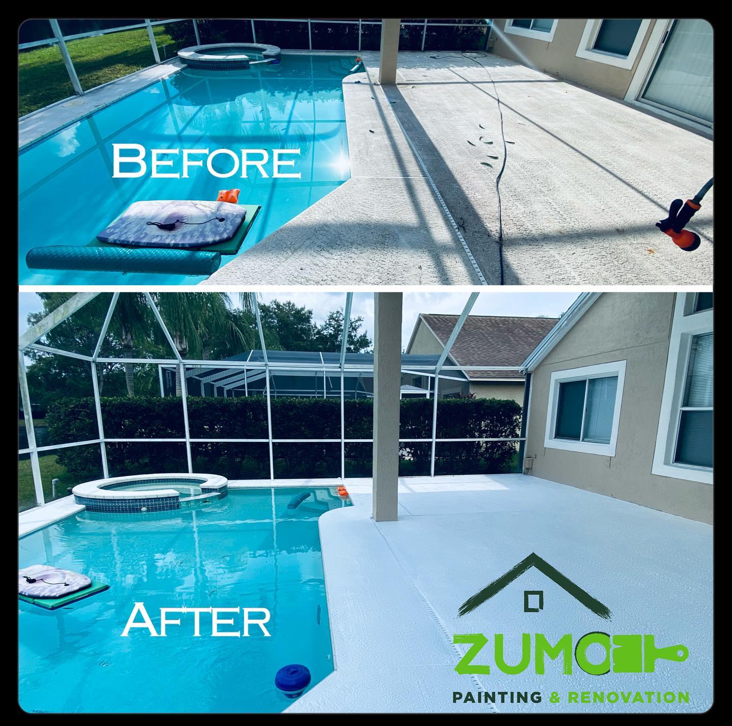 Before/after photos of a pool deck: concrete cracks before, painted white after. Pool and house visible.