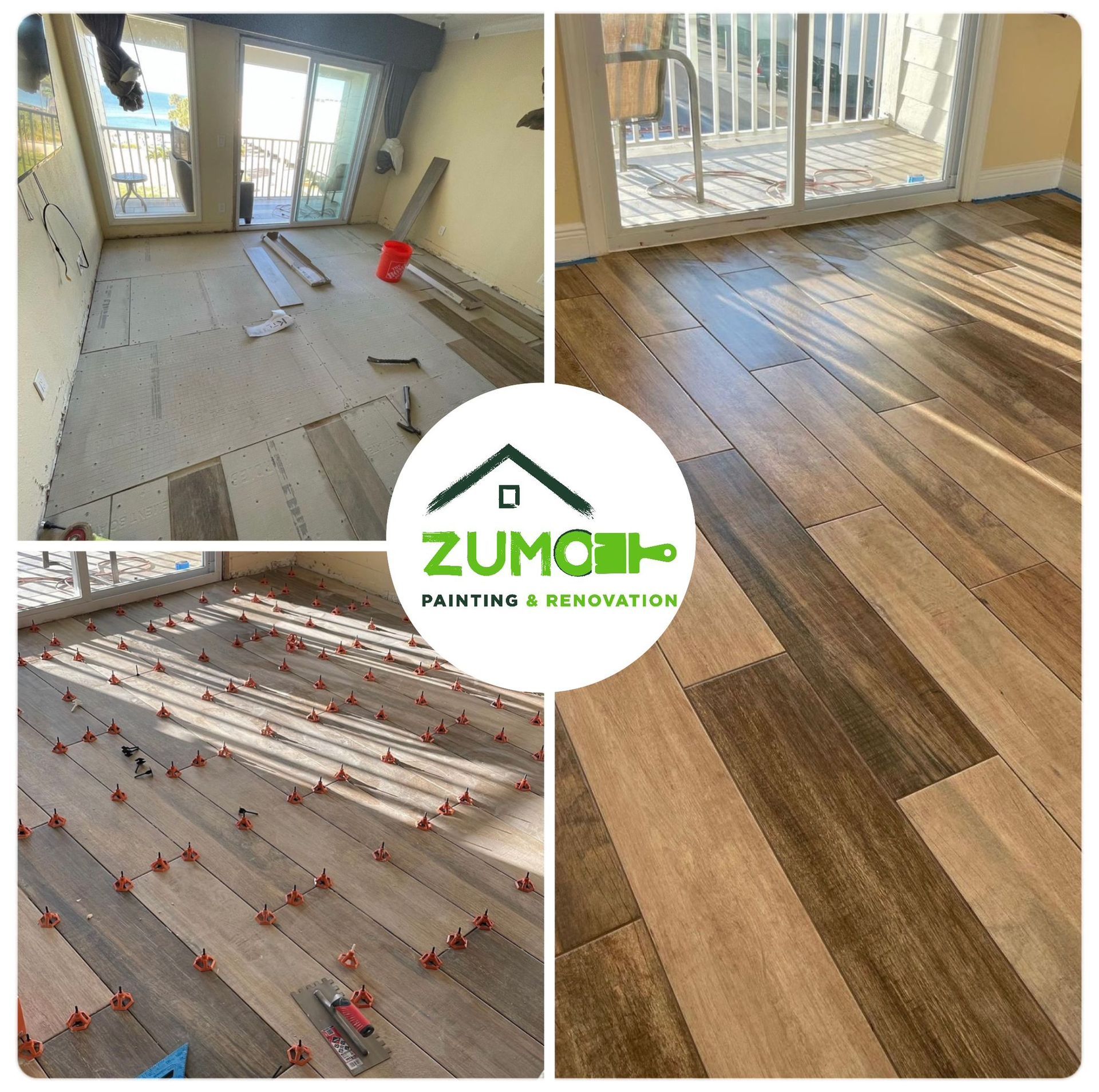 Flooring renovation process: installation of wood-look tile. Stages include layout, installation, and finished product.