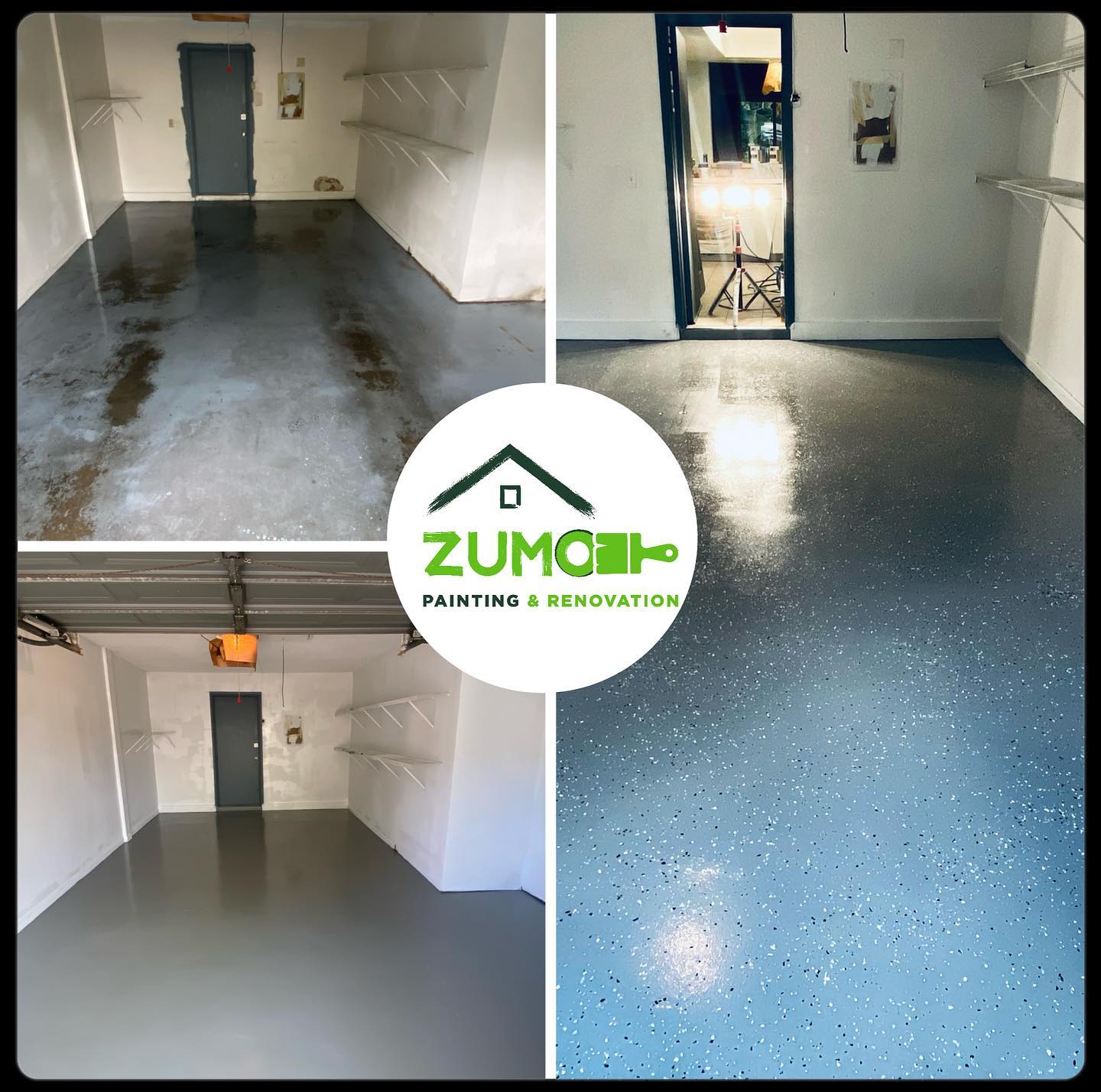 Four-panel view of a garage floor before and after epoxy coating. Light gray walls with gray epoxy flooring.