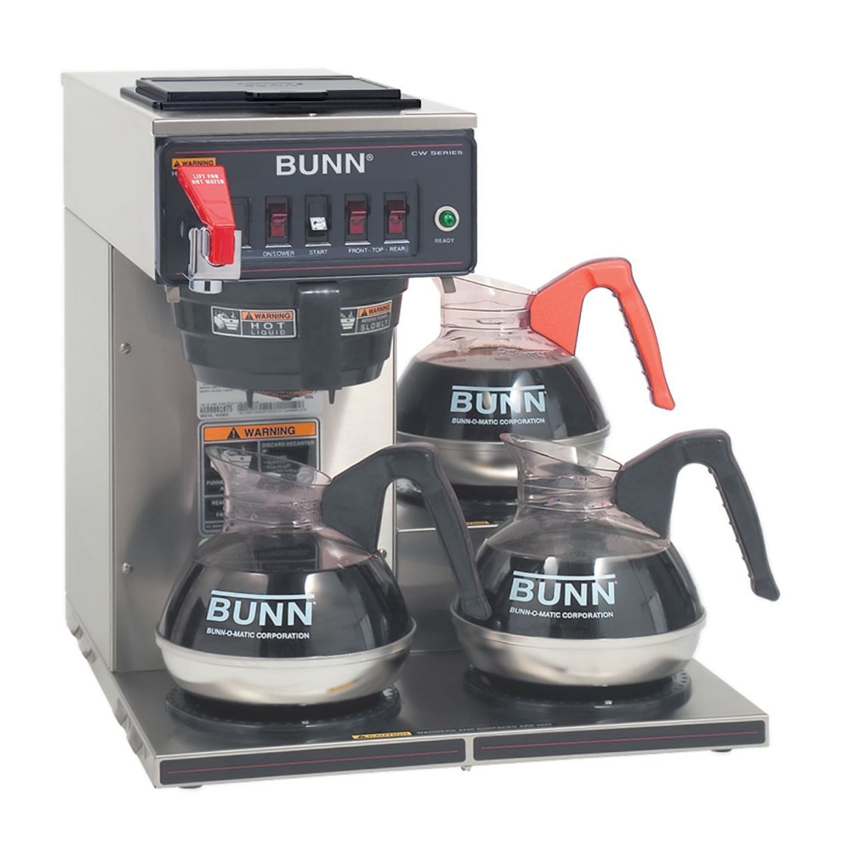 A commercial BUNN coffee maker with three glass carafes filled with coffee.