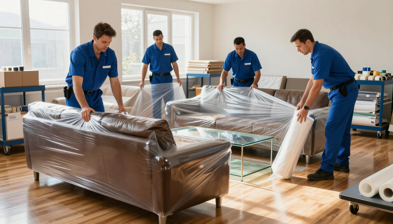 Profesionales emplayando y protegiendo muebles para transporte