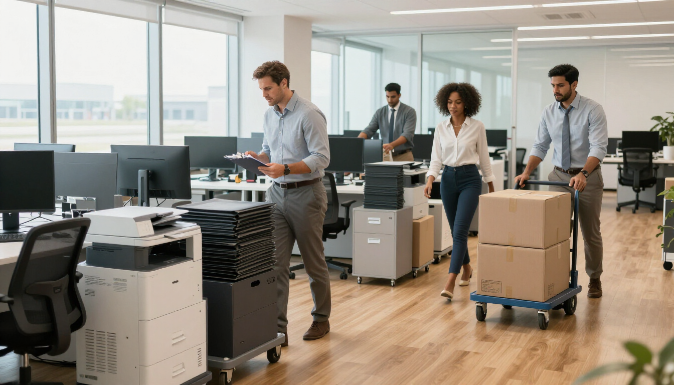 Traslado profesional de oficina con equipo empresarial